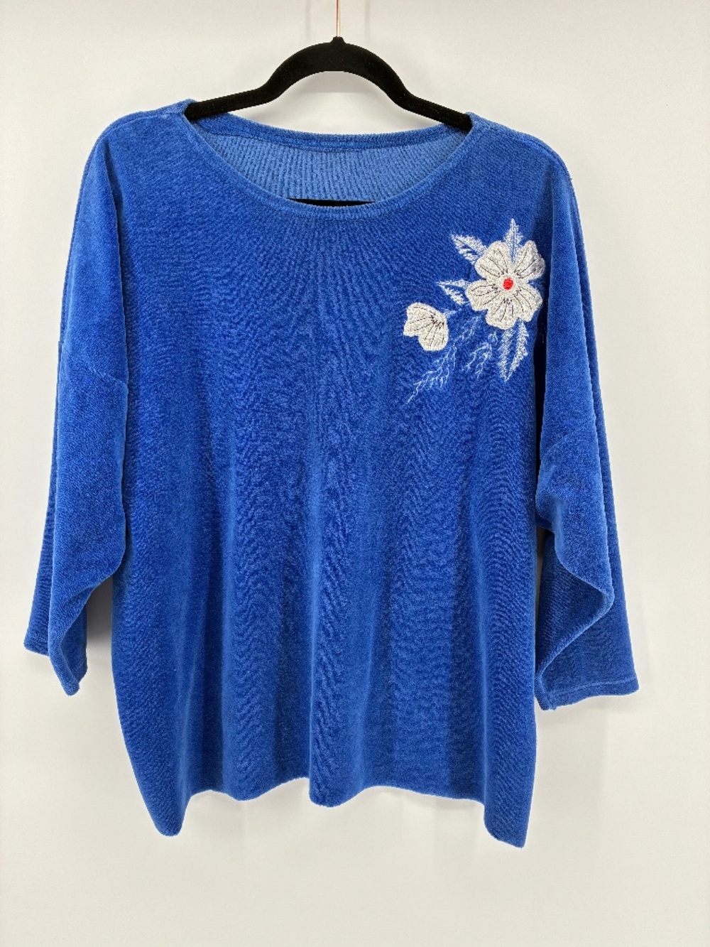Royal Blue Velour Floral Embroidered Women’s Pullover Top 3/4 Sleeve Raw Hem